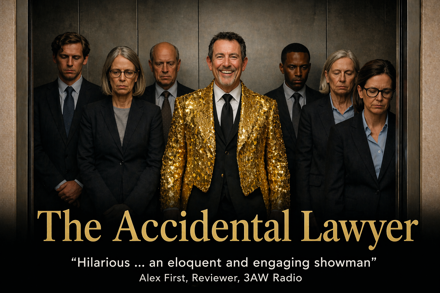 3AW Radio quote graphic — 'Hilarious… an eloquent and engaging showman' — Alex First, Reviewer